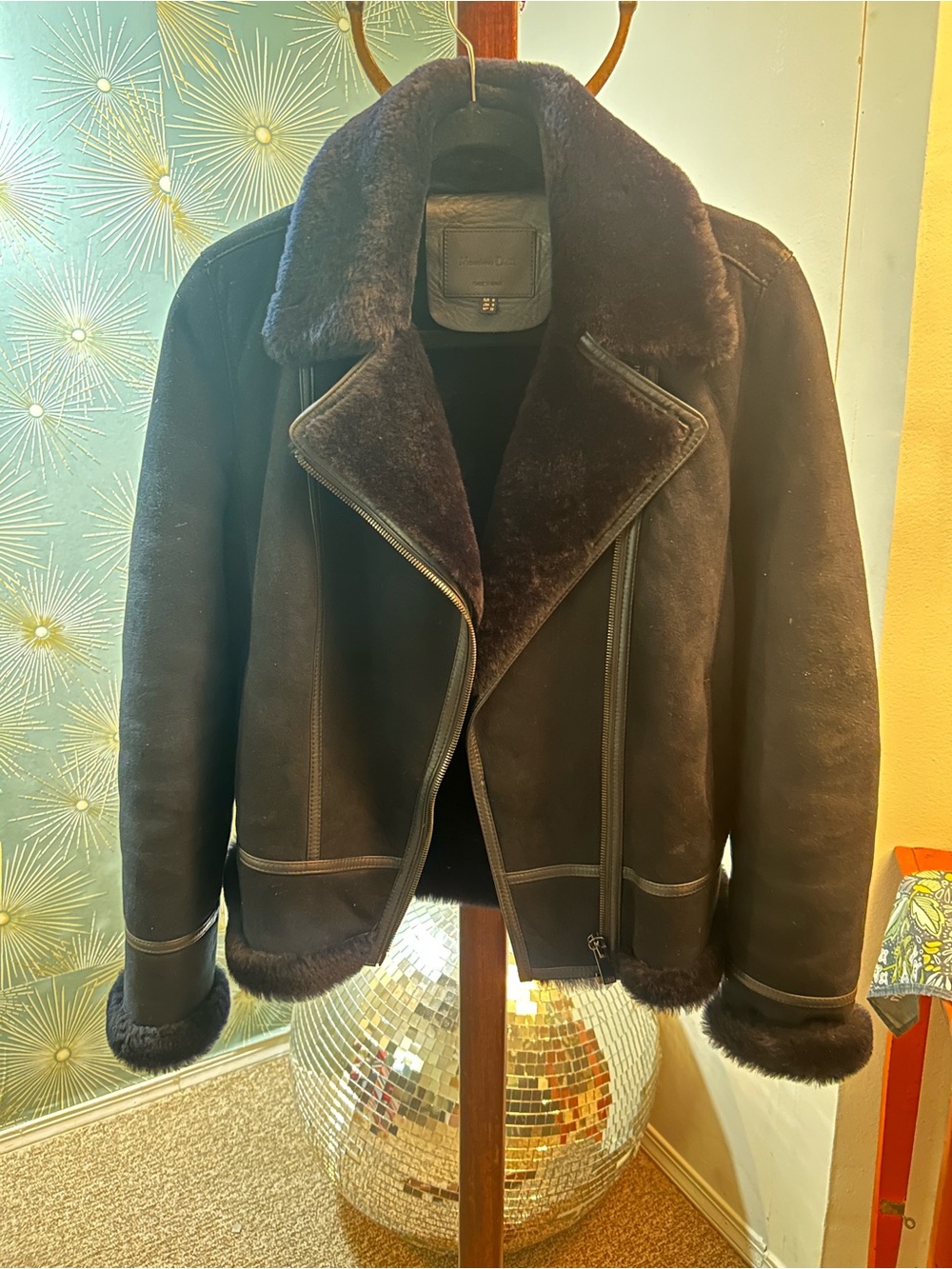 Massimo Dutti Shearling Aviator Jacket Lamb Leather Suede Spain Women's Medium N